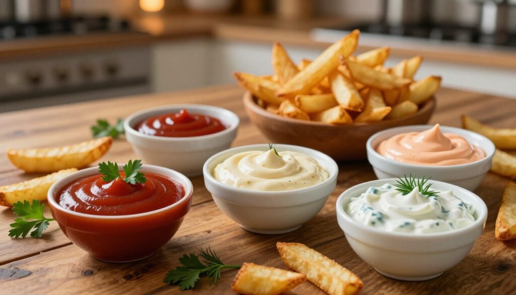 A beautifully arranged assortment of homemade dipping sauces ideal for fries, inspired by global flavors. In the foreground, vibrant bowls filled with rich ketchup, creamy garlic aioli, spicy sriracha mayonnaise, and tangy tzatziki. Each sauce is garnished with fresh herbs like parsley and dill. The middle ground features a rustic wooden table with a generous serving of golden, crispy fries scattered around the bowls. In the background, softly blurred, there's a warm kitchen ambiance with subtle lighting, casting a cozy glow over the scene. The composition should evoke a mood of comfort and indulgence, inviting the viewer to explore the world of homemade sauces that elevate the simple fry experience. The angle should be slightly overhead to capture the layout effectively and enhance the vivid colors of the sauces and fries.