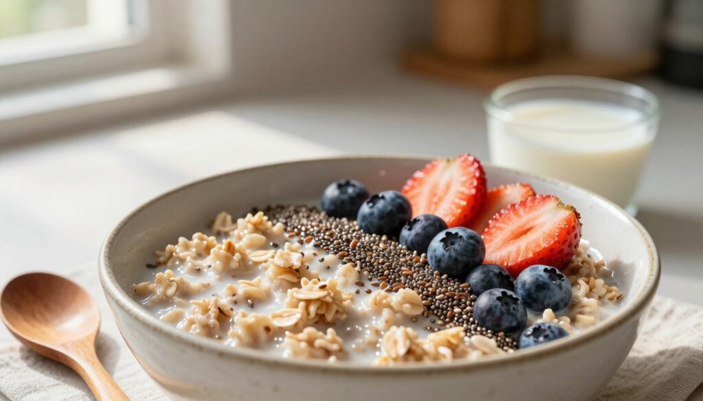 A beautifully arranged bowl of oatmeal, topped with a variety of colorful, low-calorie ingredients such as sliced strawberries, blueberries, and chia seeds. The foreground features the oatmeal in a rustic ceramic bowl, with a wooden spoon resting beside it. In the middle, a sprinkle of flaxseeds and a small dish of almond milk are placed artfully, emphasizing the balance of protein, fats, and fiber. The background shows a softly blurred kitchen setting, with natural light streaming in from a window, casting gentle shadows. The mood is warm and inviting, ideal for a healthy breakfast scene. The image should evoke a sense of health, wellness, and balance, with a focus on nutritious components.