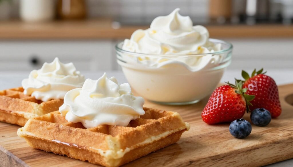 A beautifully arranged dessert scene featuring whipped cream, mascarpone, and yogurt as creamy toppings for waffles. In the foreground, a rustic wooden table displays golden, freshly made waffles topped with generous dollops of fluffy white whipped cream, rich mascarpone, and a swirl of creamy yogurt. Nearby, a few strawberries and blueberries add vibrant color. In the middle, a delicate glass bowl filled with whipped cream glistens under soft, natural lighting, creating an inviting atmosphere. The background hints at a cozy kitchen setting with subtle blurred shelves holding baking ingredients, enhancing the warm, homely vibe. The composition captures a sense of indulgence and comfort, with a focus on the textures and colors of the toppings.