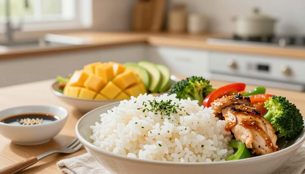 A beautifully arranged dinner scene featuring rice as the central component, surrounded by a variety of delicious accompaniments. In the foreground, a bowl of fluffy white rice sprinkled with fresh herbs contrasts with vibrant sautéed vegetables like bell peppers and broccoli, and tender pieces of grilled chicken, garnished with a zesty sauce. In the middle, a colorful salad with diced mango and avocado adds a fresh touch, while on the side, a small dish holds soy sauce and sesame seeds. The background showcases a warm, inviting kitchen with soft, natural light streaming in through a window, creating a cozy atmosphere. Use a shallow depth of field to focus on the rice dish while softly blurring the background. The overall mood is cheerful and inviting, perfect for quick meal inspirations.
