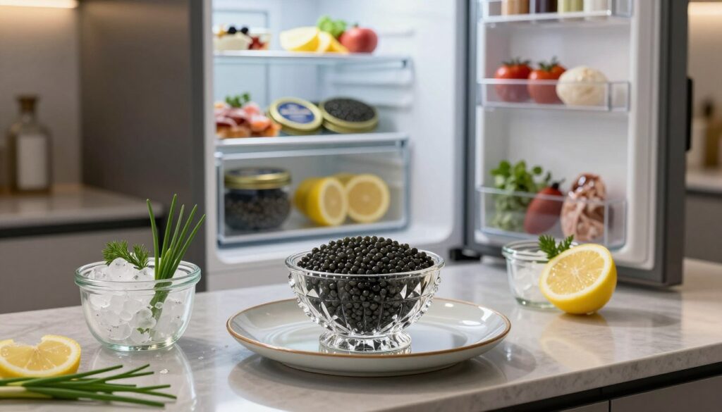A beautifully arranged display of caviar storage essentials, set on a sleek, modern kitchen counter. In the foreground, an elegant crystal caviar bowl with shimmering black pearls, meticulously placed on a stylish ceramic plate. Surrounding the bowl, small glass jars containing ice and fresh garnishes like chives and lemon slices. In the middle, a well-organized refrigerator interior showcasing the caviar alongside other gourmet foods. The background features soft, ambient lighting that highlights the textures and colors, evoking a sophisticated, culinary atmosphere. The focus is sharp on the caviar and accessories, with a slight blur on the refrigerator, creating depth. The overall mood is upscale and inviting, perfect for gourmet dining enthusiasts.