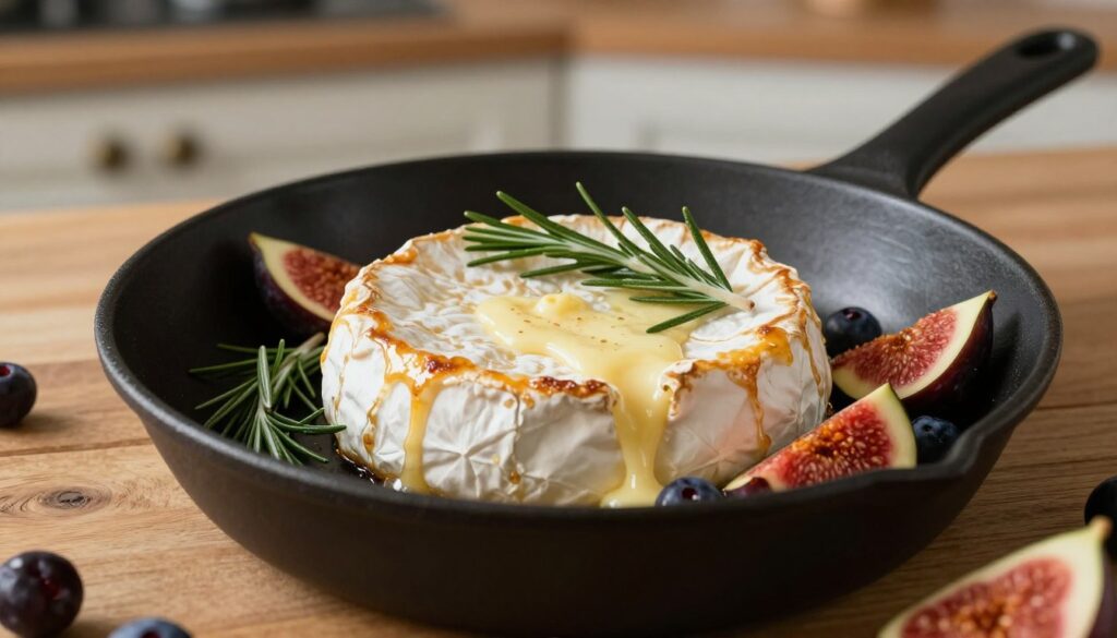 A beautifully arranged fried camembert cheese on a black skillet, melting gently with a golden crust, over a wooden kitchen table. In the foreground, the camembert is positioned prominently, garnished with sprigs of fresh rosemary and accompanied by slices of ripe figs and plump berries. The middle ground features a rustic setting with light reflecting off the skillet, creating a warm and inviting atmosphere. The background is softly blurred, showcasing a simple kitchen with muted colors, emphasizing the dish as the star. The lighting is warm and natural, enhancing the creamy texture and inviting golden hue of the cheese, and the angle is slightly elevated to capture the delicious details of the camembert. The mood is cozy and appetizing, perfect for showcasing culinary delights.