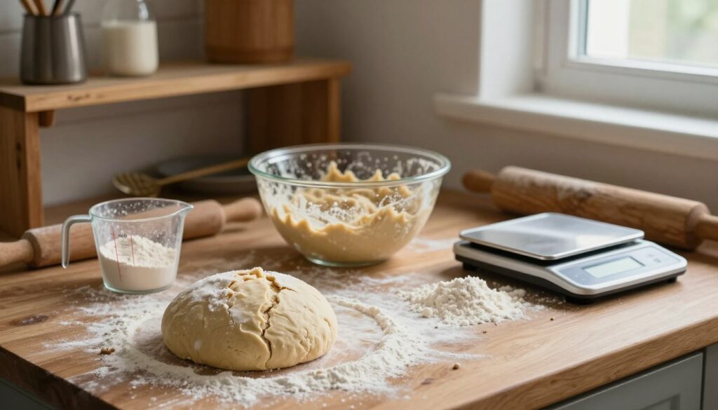 A beautifully arranged kitchen counter, showcasing a variety of bread-making ingredients in disarray, illustrating common problems in baking spelt bread. In the foreground, a half-kneaded dough sits on a floured wooden surface, with visible cracks and uneven texture. Nearby, a measuring cup spills flour, hinting at over-measurement. In the middle, a mixing bowl is filled with an unappealing, too-sticky dough, and a digital scale displays a number indicating a miscalculation. The background features a rustic wooden shelf with baking utensils; soft, natural light filters in through a window, casting gentle shadows. The atmosphere conveys a sense of both challenge and warmth, encouraging a spirit of improvement and experimentation in baking.