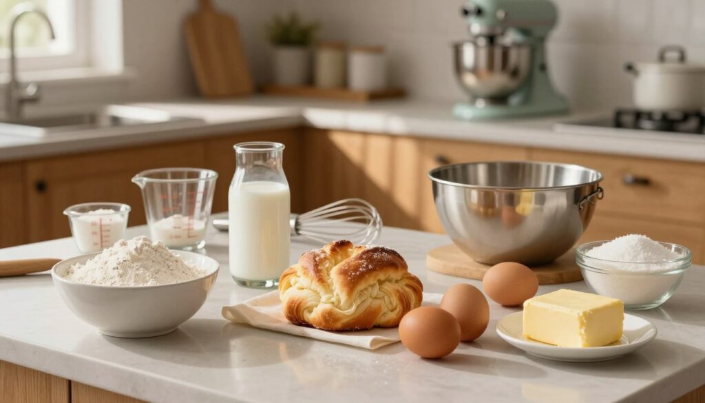 A beautifully arranged kitchen countertop featuring all the essential ingredients for a fluffy and perfectly baked babka. In the foreground, display a bowl of flour, a glass of milk, eggs, sugar, and butter, each item meticulously placed for an inviting composition. The middle area includes measuring cups, a whisk, and a mixing bowl, hinting at the baking process. The background reveals a softly lit kitchen with warm wooden cabinets and a vintage stand mixer. The lighting is soft and natural, creating a cozy atmosphere, as the sun gently filters through a nearby window, casting delicate shadows. The overall mood is warm and inviting, perfect for inspiring home bakers.