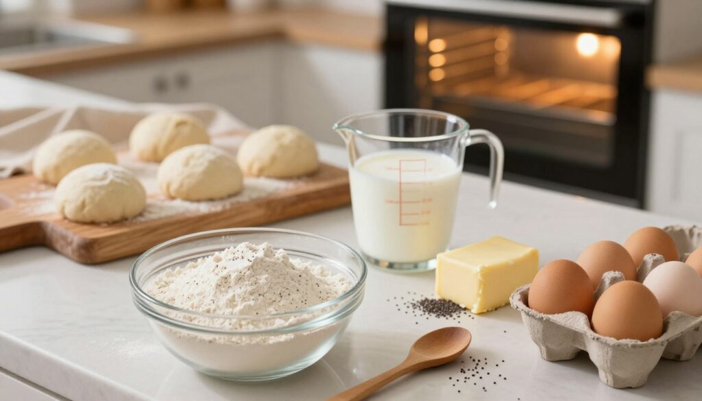 A beautifully arranged kitchen countertop featuring the essential ingredients for baking bakery-style rolls. In the foreground, display a clear glass bowl filled with flour, a small wooden spoon resting beside it, and a carton of fresh eggs cracked open. In the middle, showcase a measuring cup filled with warm milk, a stick of butter, and scattered poppy seeds. In the background, include a rustic wooden cutting board with a few dough balls rising under a linen cloth, and an oven preheated, emitting soft, warm light. The scene should be warmly lit to create a cozy atmosphere, emphasizing the textures of the ingredients and the inviting home baking environment. Use a soft focus to give a dreamy feel, making it appealing for readers interested in baking.