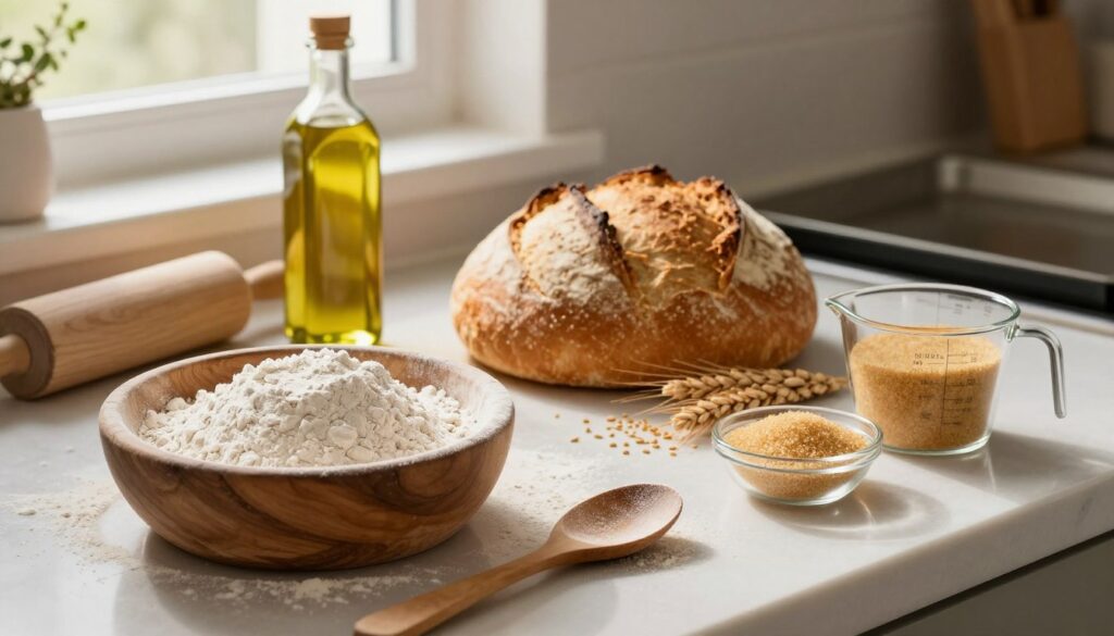A beautifully arranged kitchen countertop filled with essential bread-making ingredients and tools. In the foreground, a rustic wooden bowl holds a mound of flour, with scattered flour dust and a wooden spoon beside it. A measuring cup filled with golden sugar and a small dish of active dry yeast are placed nearby. In the middle, a fresh loaf of bread is staged, showcasing a golden-brown crust, while loose grains of unground wheat and a bottle of olive oil add texture. In the background, soft, warm light filters through a window, illuminating the scene and creating a cozy atmosphere. A rolling pin and baking tray add an inviting touch, emphasizing the theme of preparation and the art of baking.