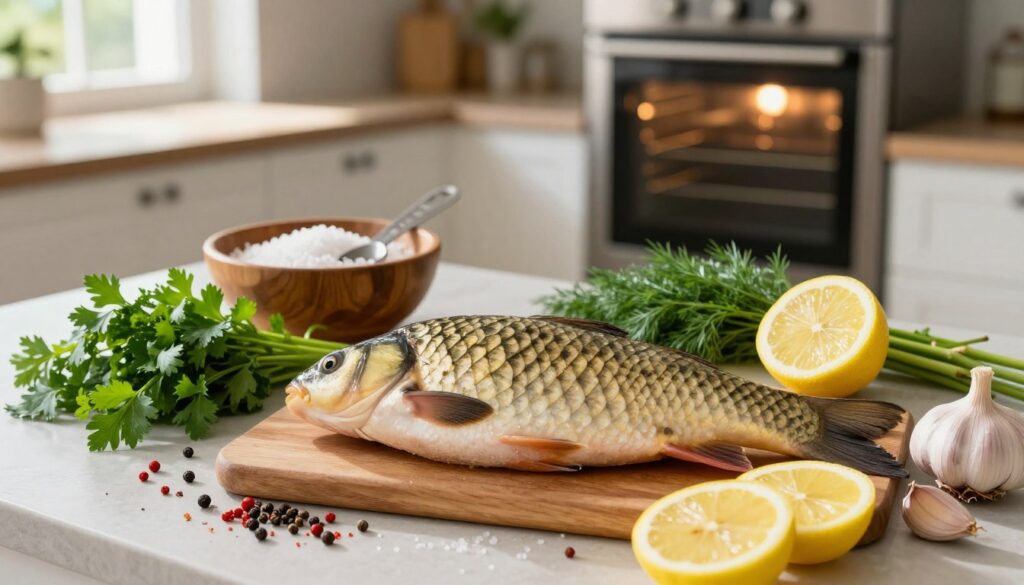 A beautifully arranged kitchen countertop showcasing the ingredients for baking carp. In the foreground, a whole fresh carp, scaled and cleaned, glistens on a cutting board surrounded by vibrant herbs like parsley and dill. There are slices of lemon, cloves of garlic, and an assortment of colorful spices, including paprika and black pepper. The middle ground features a rustic wooden bowl filled with coarse sea salt and a measuring spoon. In the background, a softly lit oven is visible, creating a warm and inviting atmosphere. The scene is bathed in natural sunlight coming through a nearby window, highlighting the freshness of the ingredients. The overall mood is cozy and homey, perfect for showcasing the preparation of a succulent baked carp.