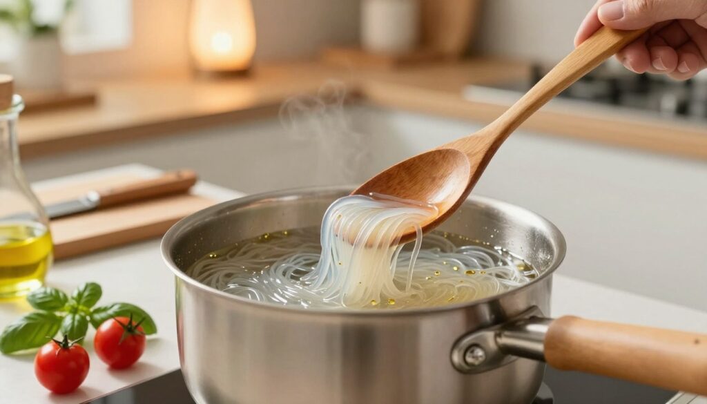 A beautifully arranged kitchen scene featuring a lightly steaming pot of konjac noodles being prepared with water. In the foreground, a wooden spoon stirs the translucent noodles, showcasing their unique texture. Surrounding the pot are fresh ingredients like vibrant cherry tomatoes, crisp basil leaves, and a drizzle of olive oil ready to be added. The middle ground displays a countertop with a cutting board and knife, while a soft focus background reveals a cozy kitchen with warm lighting emanating from an overhead pendant lamp, creating an inviting atmosphere. The angle captures the action from slightly above, emphasizing the preparation process, and invites viewers into the culinary experience. The overall mood is fresh, light, and appetizing, perfect for showcasing a healthy meal preparation.
