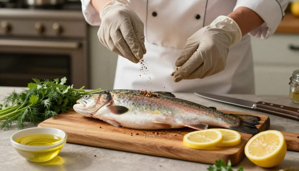 A beautifully arranged kitchen scene featuring the preparation of a trout before baking. In the foreground, a freshly cleaned trout lies on a wooden cutting board, its scales shimmering under soft, warm kitchen lighting. Surrounding the fish are fresh herbs like dill and parsley, slices of lemon for garnish, and a small bowl of olive oil, creating an inviting atmosphere. In the middle ground, a chef's hands, wearing modest kitchen gloves, are gently sprinkling spices over the fish, while a knife and other cooking utensils are artistically placed around. The background includes a rustic oven, subtly blurred, suggesting a homey, cozy vibe. The overall mood is warm and inviting, emphasizing the simplicity of preparing this delightful dish.