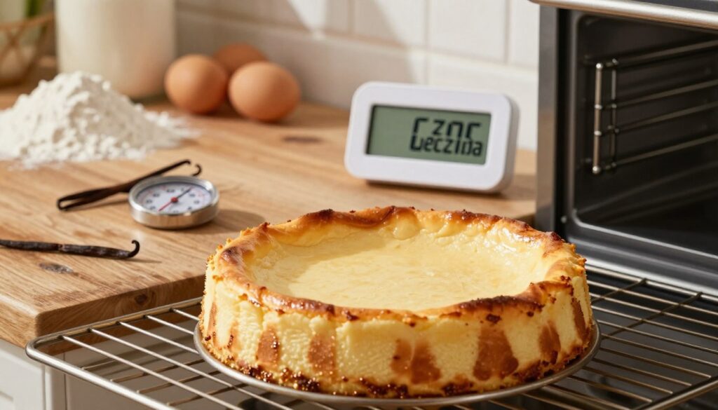 A beautifully arranged kitchen scene focused on a baking oven, set in warm, natural light. In the foreground, a perfectly baked cheesecake sits cooling on a wire rack, golden brown edges gently glistening. The middle ground features an elegant digital timer displaying "Czas pieczenia" in a stylish font, with a nearby thermometer showing the ideal baking temperature. In the background, soft shadows are cast by a rustic wooden countertop adorned with baking ingredients like flour, eggs, and vanilla pods. The atmosphere conveys a sense of warmth and anticipation, reminiscent of a cozy home baking experience. The composition is inviting, emphasizing the artistry of baking without any people present, ensuring focus on the elements of time and temperature in baking.