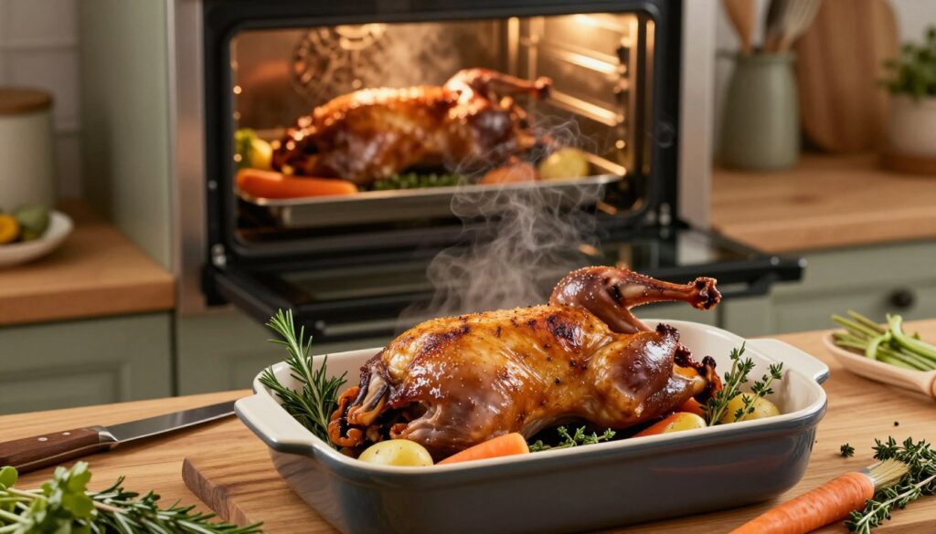 A beautifully arranged kitchen scene focusing on the technique of roasting a rabbit. In the foreground, a seasoned rabbit placed delicately in a rustic ceramic roasting dish, its golden-brown skin glistening under warm, soft lighting. Around it, fresh herbs like rosemary and thyme, along with vibrant vegetables such as carrots and potatoes, create a colorful, appetizing display. The middle layer showcases a wooden table with kitchen utensils, like a carving knife and a basting brush, hinting at the preparation process. In the background, an oven with a glass door reveals the rabbit cooking inside, with gentle steam wafting up. The atmosphere is warm and inviting, emphasizing the meticulous steps from browning to achieving tenderness in the roasting process.