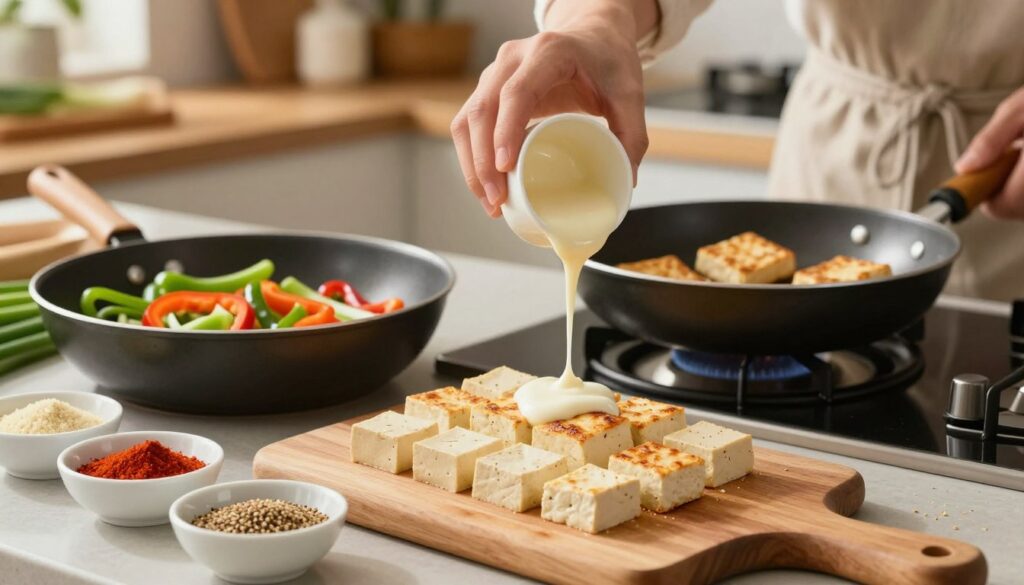 A beautifully arranged kitchen scene showcasing the preparation of crispy and creamy tofu. In the foreground, a wooden cutting board displays freshly cubed tofu, surrounded by small bowls of spices like paprika, garlic powder, and sesame seeds. An elegant frying pan sizzles on the stove, capturing the light reflecting off golden-brown, crispy tofu pieces. In the middle, a fresh vegetable medley of bell peppers and green onions adds vibrant colors, while a delicate hand (in modest casual attire) gracefully drizzles a creamy sauce over the tofu. The background features warm kitchen décor, with soft, diffused lighting creating a cozy atmosphere. The image should evoke a sense of culinary artistry and home-cooked comfort, inviting the viewer to explore the delicious possibilities of tofu preparation.