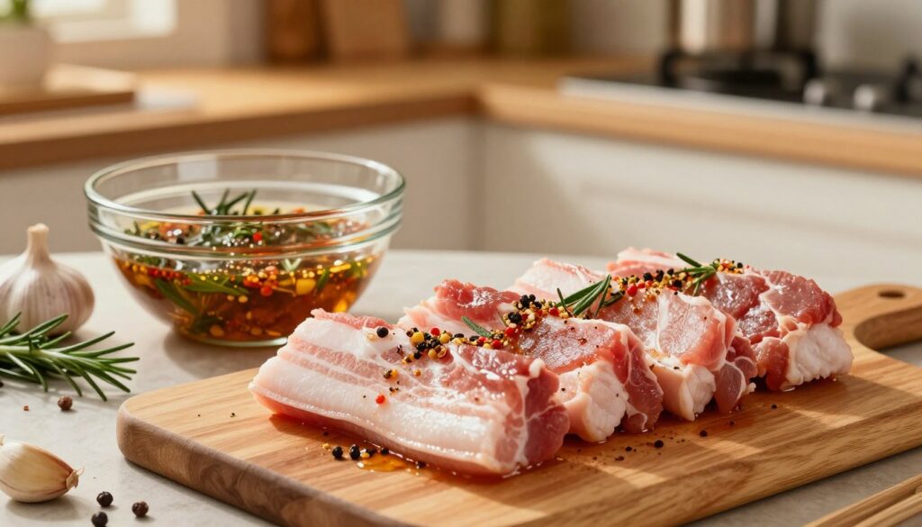 A beautifully arranged kitchen scene showcasing the process of marinating pork belly. In the foreground, a wooden cutting board holds thick, succulent pieces of fresh pork belly, coated with vibrant spices and herbs, glistening with marinades. A glass bowl filled with homemade marinade, herbs, and spices sits nearby, ready to be brushed onto the meat. In the middle ground, various cooking utensils, fresh ingredients like garlic, rosemary, and peppercorns are artfully placed, enhancing the culinary atmosphere. The background features a cozy kitchen with warm, inviting lighting that casts a golden hue, creating a comforting and homely feel. Capture the essence of flavor and preparation with a close-up perspective, highlighting the textures and colors of the ingredients while maintaining a clean and organized workspace.
