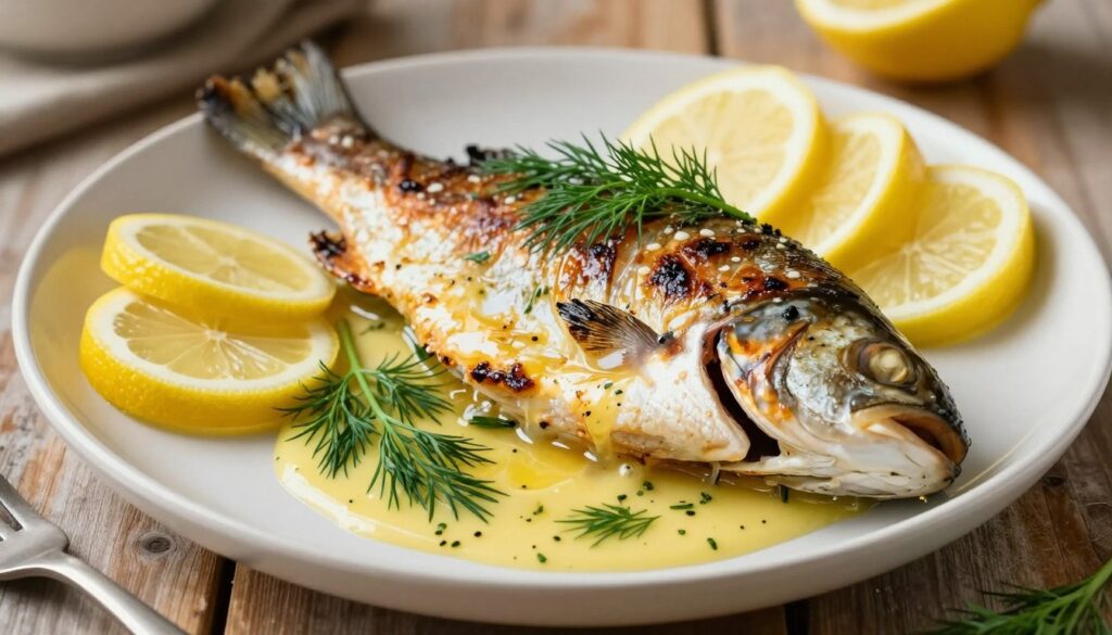 A beautifully arranged plate featuring a grilled trout, glistening under soft, warm lighting, showcasing its crispy skin. Surrounding the trout is a rich, homemade garlic and dill butter melting gently, with vibrant green dill sprigs artfully placed for contrast. Beside it, fresh lemon wedges are sliced and radiate a zesty brightness, adding a pop of yellow to the scene. The background is softly blurred with a rustic wooden table setting, enhancing the cozy, inviting atmosphere of a home kitchen. Capture the essence of a delicious, aromatic dish that highlights the perfect combination of garlic, dill, and lemon, making it look delectable and mouth-watering from a top-down perspective. The overall mood is warm and inviting, ideal for a culinary delight.