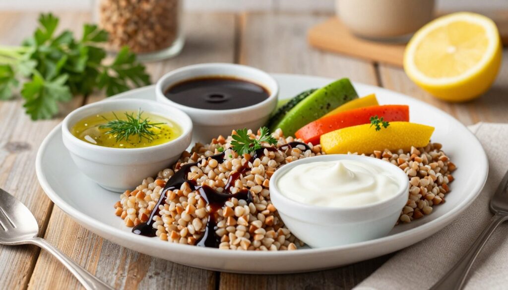 A beautifully arranged plate featuring buckwheat porridge complemented with an assortment of light sauces, garnished with fresh herbs and colorful vegetables. In the foreground, showcase small bowls of vibrant sauces—such as a zesty lemon-dill sauce, a tangy balsamic reduction, and a creamy yogurt-based dressing—artfully drizzled over the porridge. The middle ground highlights a rustic wooden table setting, with a few sprigs of parsley and a lemon slice for added freshness. In the background, softly blurred kitchen elements create a warm and inviting atmosphere, with gentle, natural lighting enhancing the textures of the food. The overall mood conveys a sense of healthy indulgence, perfect for a nutritious meal.
