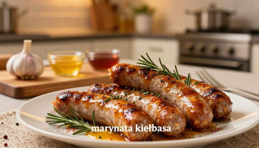 A beautifully arranged plate featuring "marynata kiełbasa," showcasing juicy, roasted sausages glistening with a rich, golden-brown marinade. The foreground displays the sausages garnished with fresh herbs and spices, such as rosemary and a sprinkle of paprika, emphasizing their flavor. In the middle, a wooden cutting board rests, strewn with various marinades using garlic, mustard, and honey, hinting at the preparation process. In the background, a softly lit kitchen atmosphere creates a warm and inviting ambiance, with blurred kitchen tools and a faint glimpse of an oven. The lighting is warm, mimicking the gentle glow of an evening kitchen, enhancing the appetizing look of the dish. The image conveys a sense of homeliness and culinary expertise.