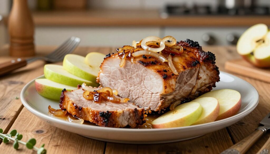A beautifully arranged plate featuring succulent slices of pork neck (karkówka) cooked to perfection, garnished with caramelized onions and fresh apple slices. The pork displays a golden-brown crust, glistening with juices, while the onions have a rich, deep color, and the apples add a crisp, vibrant green and red to the dish. In the foreground, the plate rests on a rustic wooden table, surrounded by cooking utensils and herbs. Soft, warm lighting illuminates the scene, highlighting the textures and colors of the food, creating an inviting atmosphere. In the background, a blurred kitchen setting hints at a homely environment, emphasizing the comfort associated with home-cooked meals.