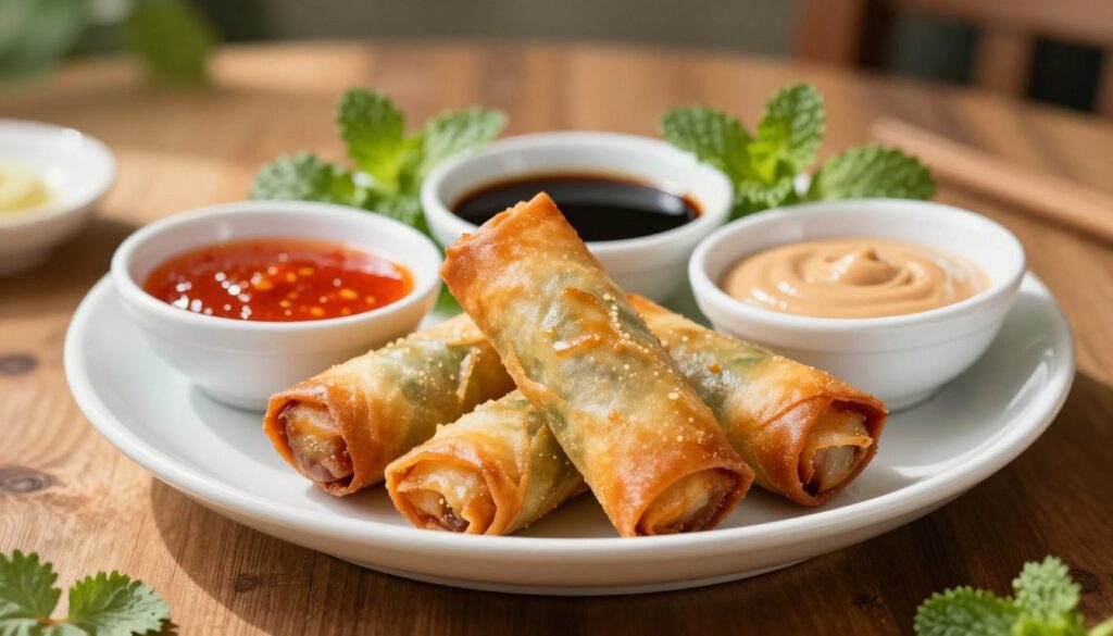 A beautifully arranged plate of crispy spring rolls, known as "sajgonki," takes center stage in the foreground. The spring rolls are golden brown, glistening with a light sheen from frying, and placed artfully on a white ceramic plate. Surrounding them are small dipping bowls filled with vibrant sauces—bright red chili sauce, rich dark soy sauce, and a creamy peanut sauce—adding pops of color. In the middle ground, delicate sprigs of fresh herbs like cilantro and mint are scattered for garnish, enhancing the dish's freshness. The background features a softly blurred wooden table, evoking a warm and inviting atmosphere. Soft, natural light streams in from the side, creating gentle highlights on the spring rolls, emphasizing their texture and crunchiness. The overall mood is appetizing and cozy, perfect for showcasing traditional Vietnamese cuisine.