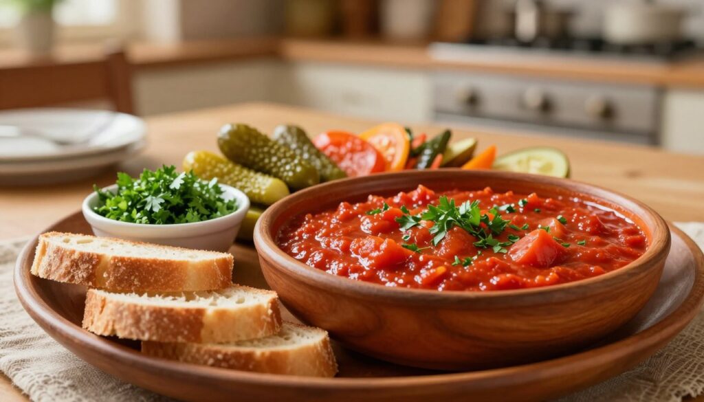 A beautifully arranged plate of "fasolka po bretońsku" served in a rustic wooden bowl, the vibrant red tomato sauce glistening with herbs, surrounded by a variety of colorful side dishes. In the foreground, display slices of fresh crusty bread, ideal for dipping, layered next to a small bowl of chopped fresh parsley. In the middle, include a colorful medley of pickles and lightly sautéed vegetables, enhancing the dish’s appeal. The background features a softly blurred dining table set in a cozy, warmly lit kitchen, evoking a homely atmosphere. The scene is captured with a warm, inviting golden light, focusing on the textures of the food. The angle is slightly above the plate to emphasize the arrangement and the richness of the sauce with a bokeh effect for depth.