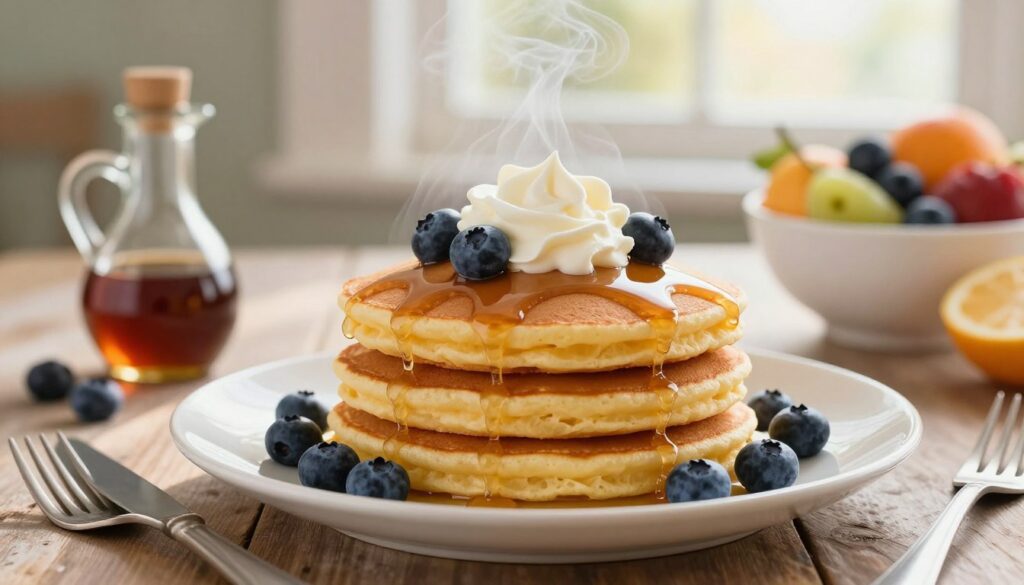 A beautifully arranged plate of fluffy pancakes, stacked high and topped with a dollop of creamy whipped cream, fresh blueberries, and a drizzle of maple syrup. The pancakes should appear light and airy, showcasing their perfect texture, with steam gently rising from them, indicating warmth. In the foreground, place a knife and fork, subtly hinting at the enjoyment to come. The middle ground features a rustic wooden table setting, complete with a small jug of syrup and a bowl of vibrant fresh fruits. In the background, soft morning light filters through a window, casting a warm glow over the scene, creating an inviting and cozy atmosphere, perfect for breakfast. The overall mood should be cheerful and comforting, highlighting the deliciousness of classic pancakes.