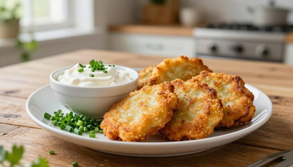 A beautifully arranged plate of golden-brown krokiety, freshly fried and crispy on the outside, sits prominently in the foreground. Next to the krokiety, a small bowl of creamy sour cream glistens under soft, natural lighting, with a sprinkle of fresh green herbs on top, enhancing the vibrant colors. Adjacent to this, a generous sprinkle of finely chopped chives and parsley adds a fresh touch. In the middle ground, a rustic wooden table enhances the homemade vibe, while in the background, hints of a cozy kitchen ambiance, with soft-focus greenery and sunlight streaming through a window, create a warm, inviting atmosphere. The angle captures the dish from a slightly elevated perspective, inviting the viewer to appreciate the details and colors of this comforting dish.