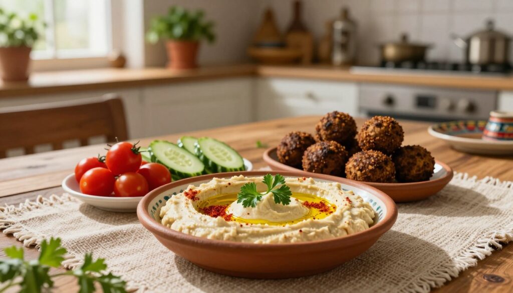 A beautifully arranged plate of hummus served in a traditional dish, garnished with a drizzle of olive oil, sprinkled paprika, and fresh parsley. Surround the hummus with an array of colorful accompaniments: vibrant cherry tomatoes, crunchy cucumber slices, and crispy falafel balls. In the middle ground, display a rustic wooden table adorned with a woven tablecloth, enhancing the warm, inviting atmosphere. Soft, diffused natural light pours in from a nearby window, casting gentle shadows and highlighting the textures of the food. The background features blurred elements of a cozy kitchen setting with herbs in pots and traditional Middle Eastern decor, creating a harmonious culinary scene that exudes comfort and flavor.