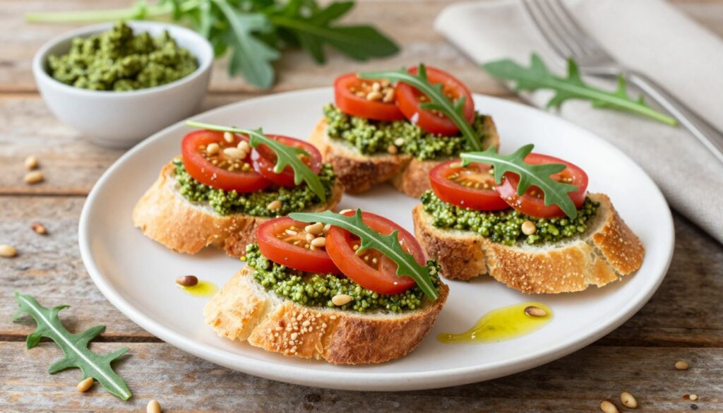 A beautifully arranged plate of "kanapki z pesto", featuring slices of toasted crusty bread topped with vibrant green wild garlic pesto, thinly sliced ripe tomatoes, and delicate arugula leaves. The foreground showcases the kanapki artistically garnished with a sprinkle of pine nuts and a drizzle of olive oil. In the middle ground, there are additional ingredients like a small bowl of pesto and fresh herbs, adding color and context. The background features a rustic wooden table and soft, natural lighting that creates a warm, inviting atmosphere. The camera angle is slightly overhead to capture the textures and layers, emphasizing the freshness of the ingredients while maintaining a relaxed, appetizing vibe.