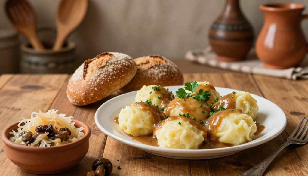 A beautifully arranged plate of "klusek śląskich" served on a rustic wooden table. The dumplings, made from smooth potato and flour, are garnished with fresh parsley and drizzled with rich, brown gravy. In the foreground, a small bowl of traditional sauerkraut and a spoon of savory mushroom sauce adds variety. In the middle, a couple of artisan bread rolls sit beside the plate, complementing the meal. In the background, a soft-focus display of traditional Polish kitchen items such as wooden utensils and earthenware enhances the warm, homey atmosphere. The lighting is warm and inviting, casting gentle shadows, creating a cozy ambiance celebrating authentic Silesian cuisine. The composition is shot from a slightly elevated angle to capture the details of the dish and surroundings beautifully.