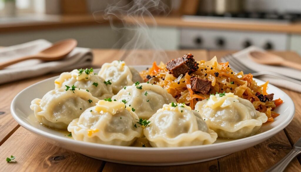 A beautifully arranged plate of kluski and kopytka served alongside a hearty portion of bigos. In the foreground, the focus is on the smooth, pillowy dumplings glistening with a light sheen of butter and garnished with fresh herbs. The middle of the scene features a rustic wooden table adorned with the bigos, showcasing its rich colors of cabbage, meats, and spices, simmered to perfection. Subtle steam rises from the dish, adding warmth to the ambiance. In the background, a soft-focus kitchen setting complements the homey feel with wooden utensils and a cozy atmosphere. The lighting is warm and inviting, casting a natural glow that enhances the rich textures and colors of the food, evoking a comforting, family-oriented dining experience.