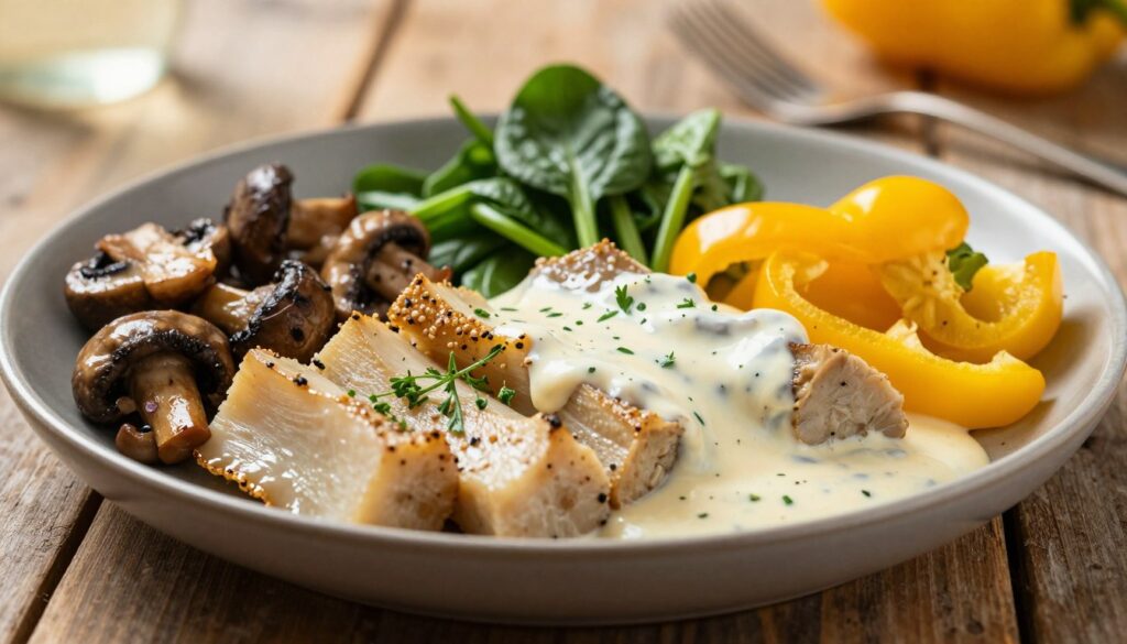 A beautifully arranged plate of kopytka with mushrooms, showcasing a variety of textures and colors. In the foreground, the kopytka are elegantly placed in a shallow bowl, garnished with fresh herbs and adorned with sautéed mushrooms. The middle of the scene features a rich, creamy sauce artistically drizzled over the kopytka, with hints of green from chopped spinach and vibrant yellow bell peppers for contrast. In the background, a softly blurred, rustic wooden table sets a warm, inviting atmosphere. Natural light streams in from the side, highlighting the glistening sauce and the freshness of the ingredients. The angle captures the dish at a slight tilt, emphasizing depth and drawing the viewer's eye to the inviting meal.