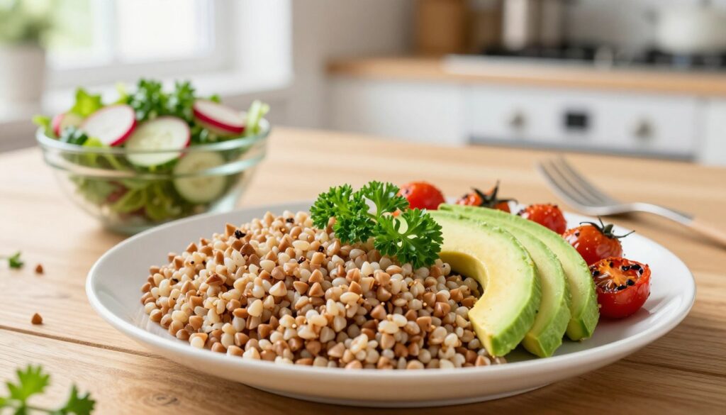 A beautifully arranged plate of light, healthy buckwheat groats served as a meal. In the foreground, the dish features a generous serving of fluffy, nutty-looking kasza gryczana, garnished with bright green parsley, slices of ripe avocado, and a sprinkle of roasted cherry tomatoes. The colors are vibrant and appetizing. In the middle, a wooden table provides a rustic feel, complemented by a small bowl of fresh salad with cucumber and radishes. The background is softly blurred, featuring a bright kitchen atmosphere with natural light streaming in from a window, enhancing the freshness of the food. The overall mood is warm and inviting, suggesting a healthy lifestyle.