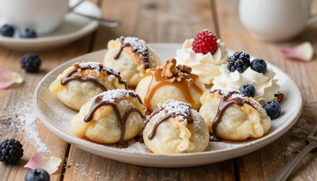 A beautifully arranged plate of pampuchy na słodko, soft fluffy steamed dumplings dusted with powdered sugar, artistically drizzled with melted chocolate and caramel sauces. Surround them with a variety of colorful toppings like fresh berries, whipped cream, and nuts for added texture. In the background, a soft-focus aesthetic of a rustic wooden table, adorned with delicate flower petals and a warm, inviting atmosphere enhanced by soft, natural lighting. Shot from a slightly elevated angle to capture the delightful layers of sweetness, inviting the viewer to indulge. The overall mood is cozy and joyful, perfect for highlighting the indulgent nature of sweet pampuchy. No text or additional elements.