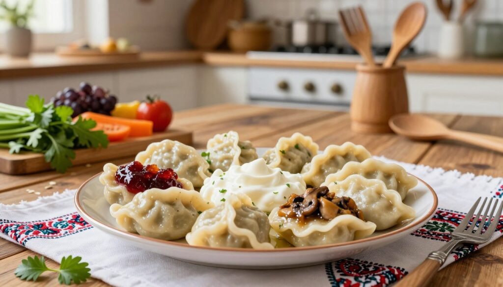 A beautifully arranged plate of pampuchy, traditional Polish steamed dumplings, prominently displayed in the foreground. The pampuchy, fluffy and perfectly shaped, are served with a variety of toppings: sweet fruit preserves, rich sources of cream, and savory mushroom sauce nestled beside them. Surrounding the plate are garnishes like fresh herbs and colorful seasonal vegetables. In the middle ground, a rustic wooden table complements the authentic presentation, while a traditional Polish tablecloth adds texture. The background features a softly lit kitchen scene, with warm natural lighting and wooden utensils, creating a cozy, inviting atmosphere. The overall mood is homely and comforting, embodying the rich culinary traditions of Poland and inspiring a fusion of flavors.