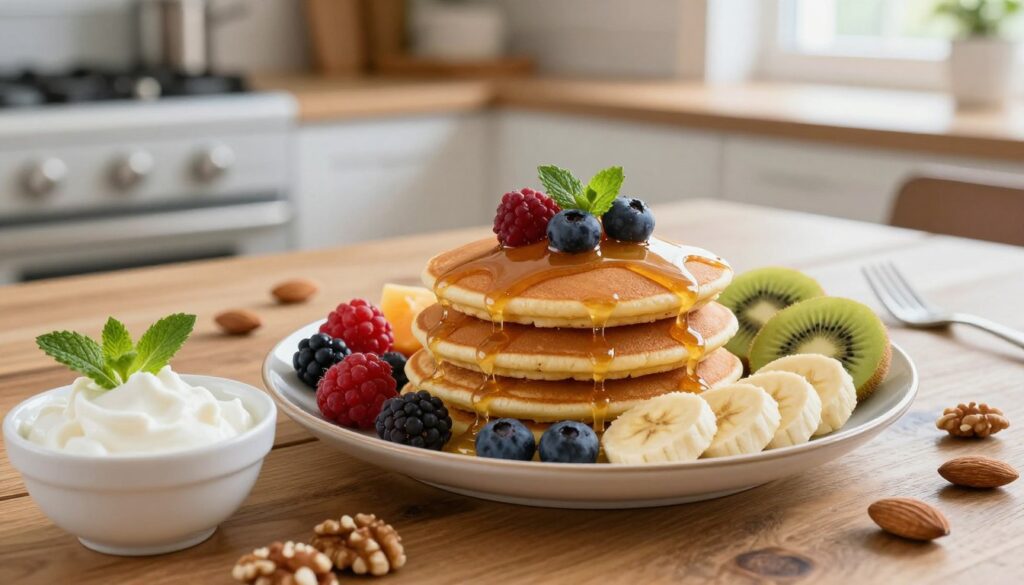 A beautifully arranged plate of pancakes topped with fit toppings, featuring a drizzle of honey or agave syrup instead of traditional maple syrup, surrounded by a colorful variety of fresh fruits like berries, banana slices, and kiwi. In the foreground, a small bowl of Greek yogurt sits nearby, garnished with mint leaves, adding a healthy contrast. In the middle, a rustic wooden table creates a warm atmosphere, while a few nuts like almonds or walnuts are sprinkled around for texture. The background features a softly lit kitchen scene with natural light filtering through a window, enhancing the inviting and wholesome feel of a nutritious breakfast. The mood is fresh, vibrant, and encouraging, perfect for showcasing healthier pancake ideas.