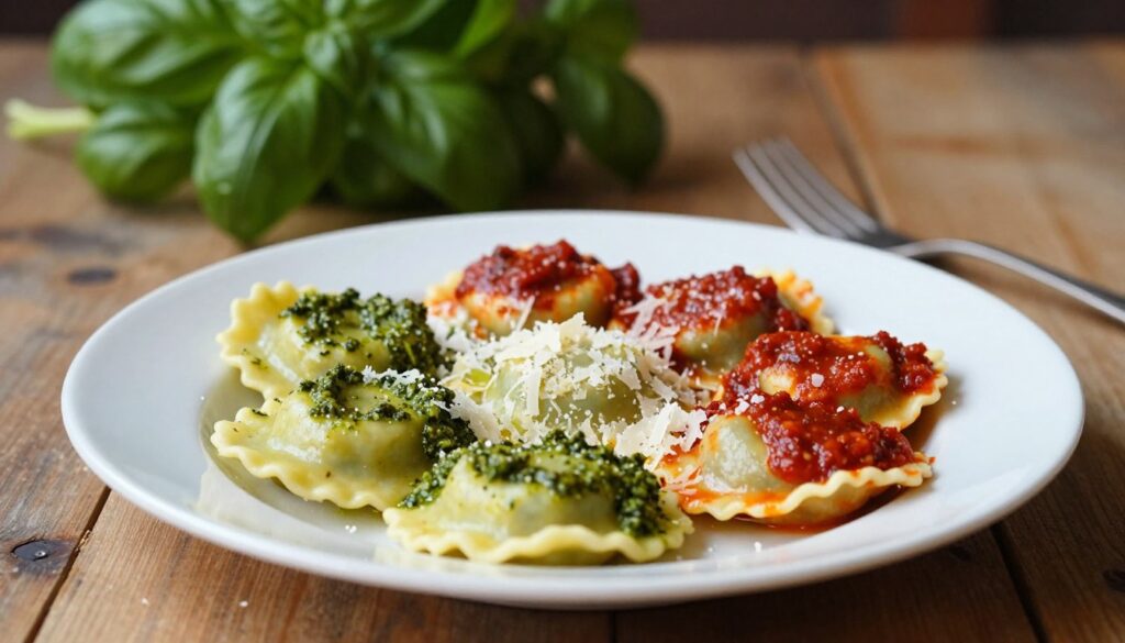 A beautifully arranged plate of ravioli drizzled with vibrant green pesto on one side and rich red pesto on the other, showcasing the contrast of colors. The focus is on the ravioli, with intricately folded edges, and a sprinkle of grated Parmesan on top. The background features a rustic wooden table and a softly blurred basil plant, with warm, inviting lighting that enhances the colors of the dish. A fork is elegantly placed beside the plate, hinting at an inviting dining experience. The atmosphere is cozy and sophisticated, perfect for a quick yet delicious meal. Shot with a shallow depth of field to emphasize the ravioli, ensuring a clear, appetizing presentation without any distractions.