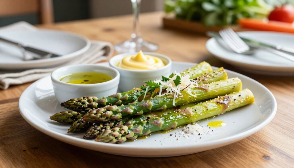 A beautifully arranged plate of roasted asparagus garnished with vibrant seasonal herbs and elegant accompaniments. In the foreground, the asparagus spears glisten with olive oil, lightly seasoned with sea salt and cracked black pepper. Beside the asparagus, small dishes showcase complementary flavors such as a tangy lemon vinaigrette, creamy hollandaise sauce, and a sprinkle of grated Parmesan cheese. In the middle ground, a wooden dining table is set, adorned with rustic linen napkins and delicate tableware, enhancing the culinary presentation. The background features soft, natural lighting, creating a warm and inviting atmosphere, with blurred hints of fresh vegetables and herbs, suggesting a farm-to-table theme. The overall mood is vibrant and appetizing, perfect for food enthusiasts seeking inspiration for asparagus pairings.