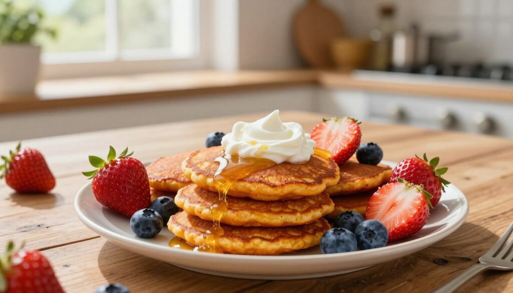 A beautifully arranged plate of sweet potato pancakes, garnished with a drizzle of honey and a dollop of sour cream, sits in the foreground. Surrounding the pancakes are vibrant berries, including strawberries and blueberries, adding a pop of color. The pancakes are golden brown, with a crispy texture that is inviting. In the middle ground, a rustic wooden table enhances the homey feel, while a soft, natural light streams in from a nearby window, bathing the scene in a warm glow. In the background, blurred kitchen elements, including a small potted plant and cooking utensils, create a cozy atmosphere. The overall mood is cheerful and inviting, perfect for showcasing these delicious sweet potato pancakes with innovative toppings. The angle is slightly elevated, allowing for a clear view of the pancakes and their toppings, capturing their delicious details.