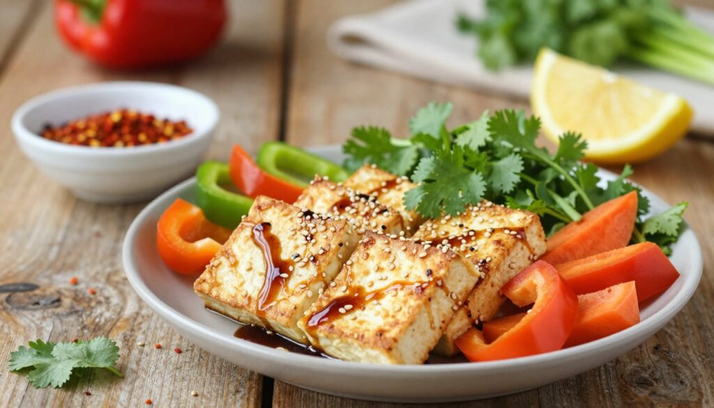 A beautifully arranged plate of tofu topped with vibrant, colorful vegetables and fresh herbs, showcasing quick and delicious pairings. In the foreground, the tofu is golden-brown, seasoned with a sprinkle of sesame seeds, and drizzled with soy sauce. Surrounding it are slices of bell peppers, carrots, and a handful of fresh cilantro and scallions. The middle ground features a rustic wooden table with a small bowl of chili flakes and a lemon wedge, inviting the viewer to add their own touch. The background is softly blurred, accentuating the dish with warm, natural lighting that creates an inviting atmosphere. The image inspires a sense of warmth and creativity in the kitchen, perfect for quick, flavorful meals.