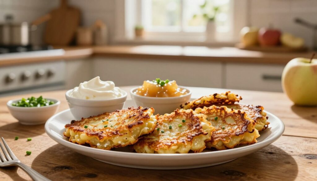 A beautifully arranged plate of traditional potato pancakes, golden brown and slightly crispy, is foregrounded on a rustic wooden table. Accompanying the pancakes are small bowls of classic toppings: a dollop of sour cream, a side of homemade applesauce, and a sprinkle of fresh chives for garnish. In the middle distance, an inviting kitchen setting is softly lit, with warm sunlight streaming through a nearby window, casting gentle shadows and creating a cozy atmosphere. The background features blurred kitchen utensils and ingredients, evoking a sense of homely cooking. The composition captures the essence of comfort food, encouraging a nostalgic feel, with the focus on the delicious, classic presentation of the dish. The scene is devoid of any text or watermarks, emphasizing the food and its traditional accompaniments.