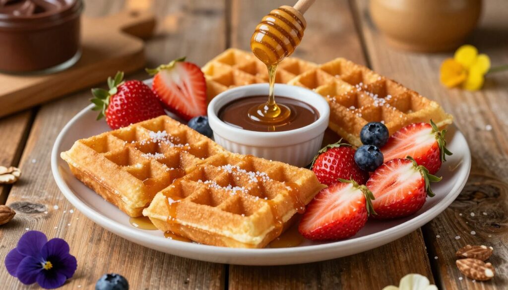 A beautifully arranged plate of waffles showcases a delightful sweet and salty combination. In the foreground, crispy golden waffles are topped with a drizzle of honey and a sprinkle of sea salt. Beside them, fresh strawberries and blueberries add vibrant colors, creating a feast for the eyes. In the middle, small bowls hold melted dark chocolate and rich caramel for dipping, enhancing the indulgent experience. The background features a rustic wooden table, softly lit by warm, ambient light, creating an inviting atmosphere. A few scattered nuts and edible flowers provide an elegant touch. The overall mood is cozy and appetizing, inviting viewers to explore the unexpected flavor pairings of sweet and salty.