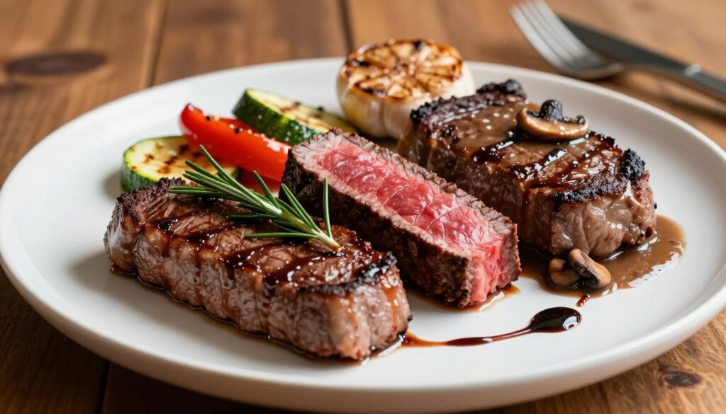 A beautifully arranged plate showcasing three distinct steaks, each cooked to a different level of doneness: rare, medium, and well done. In the foreground, the rare steak is vibrant red, glistening with juices, served with a sprig of rosemary and a light drizzle of balsamic glaze. The medium steak has a warm pink center and is garnished with grilled vegetables like zucchini and bell peppers, adding color and freshness. The well-done steak is hearty and robust, surrounded by roasted garlic and a rich mushroom sauce. The background features a soft-focused rustic wooden table with diffused warm lighting, evoking a cozy, inviting atmosphere perfect for a sophisticated dining experience. The composition reflects an artful blend of textures and colors that highlight the steaks and their accompanying sides in an appetizing way.