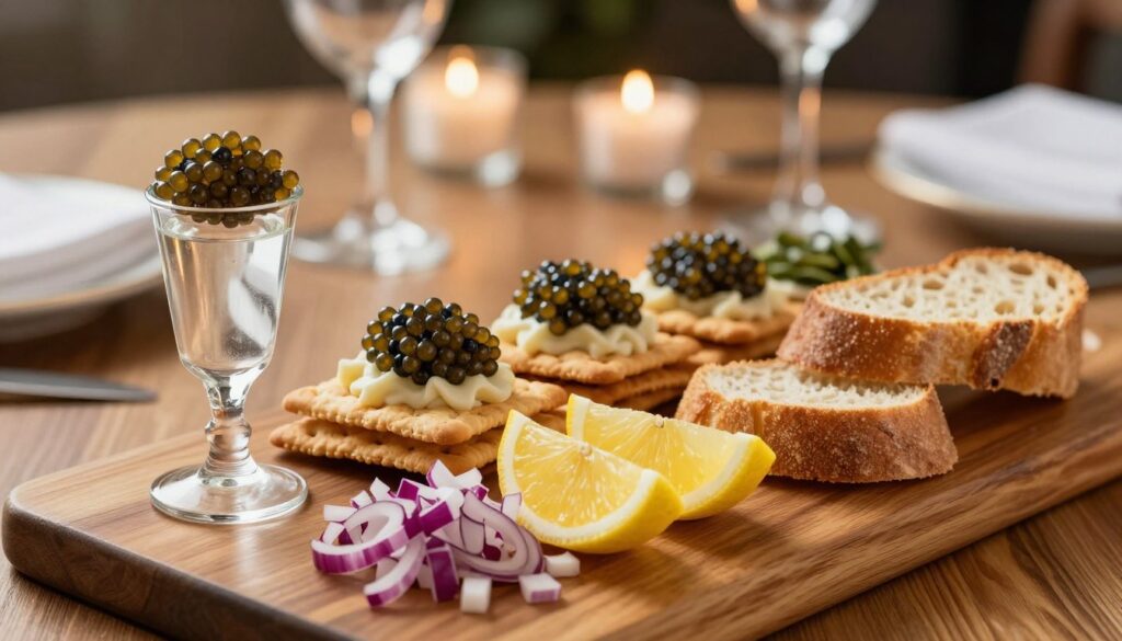 A beautifully arranged platter featuring classic caviar garnishes, set on an elegant wooden table. In the foreground, display a delicate glass of high-quality vodka, accompanied by lemon wedges and finely chopped red onions, showcasing the vibrant colors of the garnishes. The middle layer includes artisanal crackers and freshly baked bread, artfully presented, with luxurious black and golden caviar glistening atop. In the background, softly blurred, hint at an elegant dining setting with soft candlelight creating a warm, inviting ambiance. The lighting is warm and gentle, highlighting the textures of the food, while maintaining a sophisticated atmosphere that embodies gourmet dining.