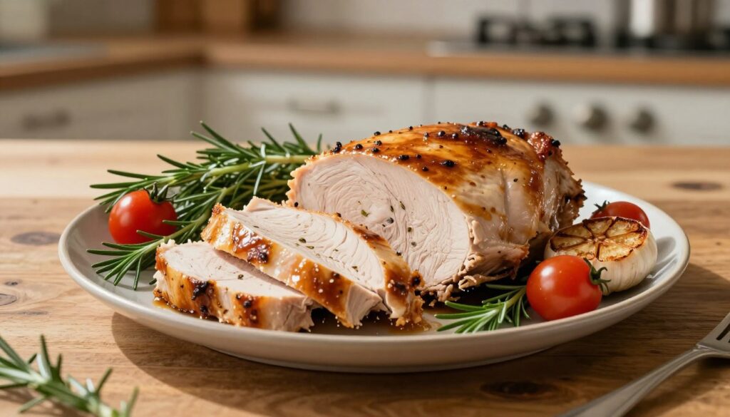 A beautifully arranged platter showcasing succulent, golden-brown turkey filet, glistening with a light glaze. The filet is sliced into thick, juicy pieces, revealing tender meat with hints of herbs and spices visible. Surrounding the meat, a colorful assortment of fresh vegetables including vibrant rosemary sprigs, cherry tomatoes, and roasted garlic pairs harmoniously. Soft, natural lighting enhances the inviting warmth of the dish, casting gentle shadows across a rustic wooden table. The background features a blurred kitchen setting, with hints of herbs and cooking utensils, creating an atmosphere of homey comfort and culinary expertise. The overall mood is cozy and inviting, emphasizing the appeal of a perfect, flavorful turkey filet.