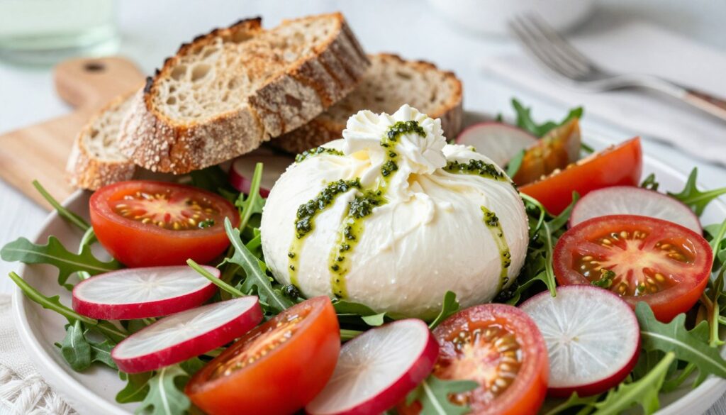 A beautifully arranged salad featuring creamy burrata cheese as the centerpiece. The foreground showcases a colorful mix of fresh arugula, heirloom tomatoes sliced into vibrant wedges, and thinly sliced radishes. Drizzle of basil pesto glistens on top, adding a bright contrast to the burrata. In the middle, a cutting board with rustic artisan bread, partially sliced, complements the dish. A light, airy background with soft natural lighting captures the essence of a sunny kitchen. The image conveys a fresh, inviting atmosphere, perfect for a light meal. The angle is slightly overhead, highlighting the textures and colors of the ingredients while maintaining a clean and appetizing presentation.