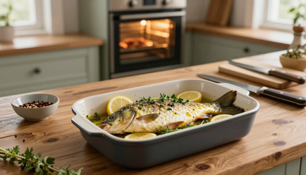 A beautifully arranged scene focusing on a ceramic baking dish specifically designed for roasting fish, placed on a rustic wooden kitchen counter. In the foreground, the dish is filled with a whole, carefully prepared carp, its skin glistening with a light olive oil glaze, alongside fresh herbs and slices of lemon nestled inside. The middle ground features a well-organized array of kitchen tools: a sharp knife with visible notches for scoring the fish, a small bowl with seasonings, and a cutting board. In the background, a warm-toned oven is visible with its door slightly ajar, allowing soft golden light to escape, illuminating the surroundings. The atmosphere feels inviting and homey, suggesting a cozy culinary environment perfect for creating a delicious dish. Natural light streams in from a nearby window, enhancing the earthy color palette.