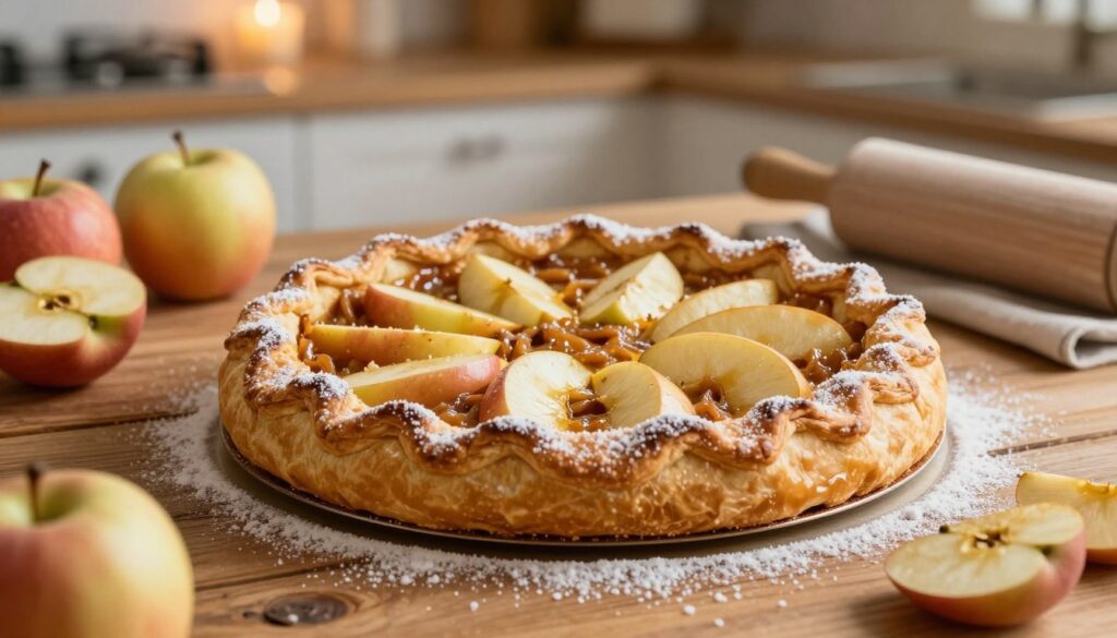 A beautifully arranged scene of a freshly baked, golden-brown "triki ciasto kruche" (shortcrust pastry) sitting on a rustic wooden table. The pie is perfectly shaped with a flaky crust, adorned with a light sprinkle of powdered sugar, surrounded by vibrant, glossy apple slices, highlighting the aromatic filling. In the background, a soft-focus kitchen setting is visible with warm ambient lighting, emphasizing a cozy and inviting atmosphere. A few scattered apples and a rolling pin add a touch of authenticity to the scene. The angle captures the delicious texture of the pastry, inviting the viewer to imagine the delightful aroma. The scene should evoke warmth and the joy of baking, with no text or distractions present.