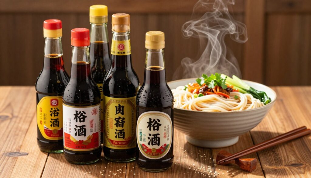 A beautifully arranged scene showcasing a variety of soy sauce bottles in the foreground, each with distinct labeling and textures, reflecting the colors and traditions of Asian cuisine. In the middle, a bowl of steaming rice noodles, garnished with fresh herbs and vegetables, is placed next to the soy sauce. The background features a softly blurred wooden table setting with traditional chopsticks and a few scattered sesame seeds, adding warmth to the atmosphere. The lighting is warm and inviting, casting gentle shadows that highlight the rich colors of the sauces and noodles. The focus is sharp on the sauces and noodles, creating a mouthwatering presentation that captures the essence of Asian culinary culture.