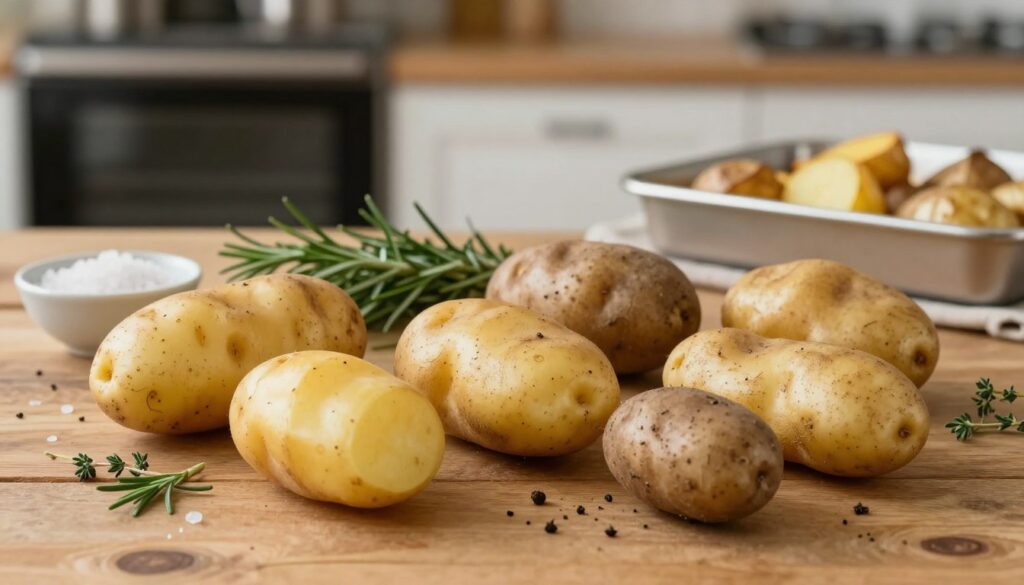 A beautifully arranged selection of various potato varieties on a rustic wooden table. In the foreground, showcase different types: Yukon Gold, Russet, and Fingerling potatoes, with their unique shapes and textures. The middle ground features green herbs like rosemary and thyme, along with a small bowl of sea salt, hinting at the spices for seasoning. In the background, soft-focus kitchen elements, like a modern oven and baking trays with golden brown roasted potatoes, evoke a cozy cooking atmosphere. Warm, natural lighting enhances the earthy tones of the potatoes, creating a welcoming, appetizing scene that reflects a sense of culinary craftsmanship and homely warmth. The composition should be inviting, ideal for illustrating a culinary guide.