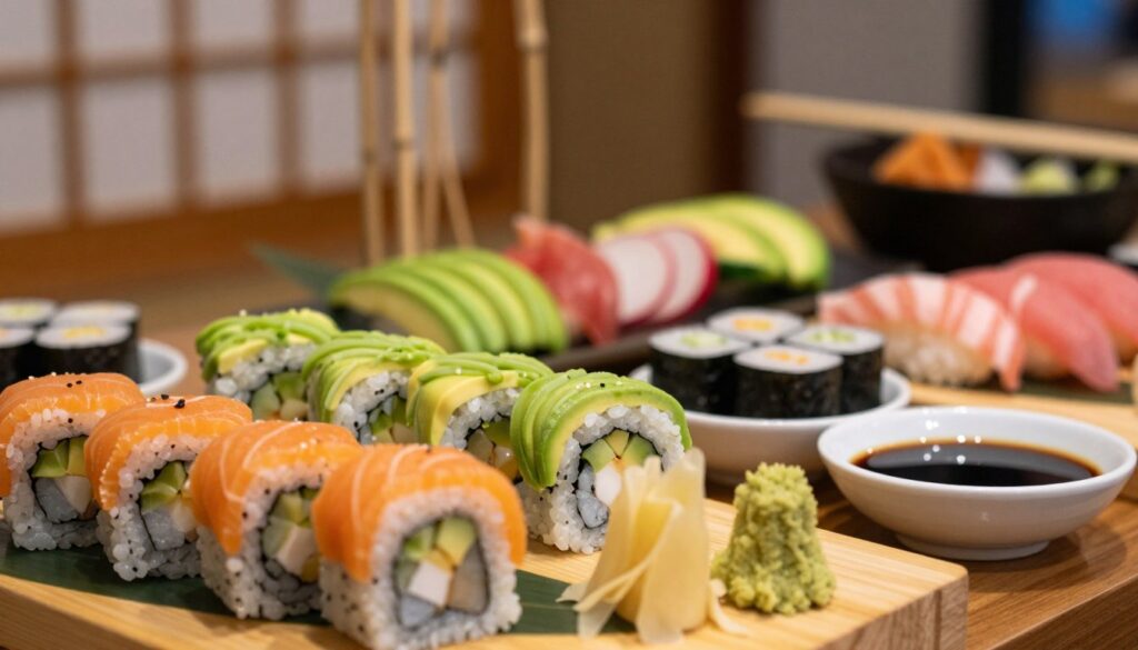 A beautifully arranged sushi display focused on highlighting complementary condiments and garnishes. In the foreground, an array of vibrant sushi rolls, including nigiri and maki, elegantly garnished with thin slices of fresh ginger, wasabi, and small dishes of soy sauce. The middle ground features various colorful ingredients like sliced avocado, radish, and cucumber, creatively incorporated into the scene. The background showcases a blurred Japanese-style dining setting with soft bamboo elements and subtle dim lighting to create an inviting atmosphere. The image should capture a sense of harmony and freshness, emphasizing the idea of enhancing flavors without overpowering them, using a soft focus lens to evoke a warm and appetizing mood.