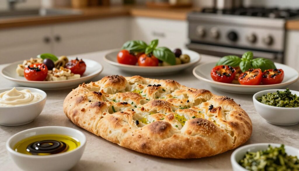 A beautifully arranged table featuring a freshly baked focaccia loaf, golden brown and perfectly crusty, set as the focal point in the foreground. Surrounding the focaccia are an assortment of colorful dips in small bowls—rich olive oil, tangy balsamic vinegar, and vibrant herb pesto. In the middle ground, there are garnished plates with various complementing toppings like roasted cherry tomatoes, fresh basil leaves, and sliced olives, suggesting delicious pairing options. The background lightly blurs, revealing a cozy kitchen setting with warm lighting that adds an inviting atmosphere. Capture the scene from a slightly elevated angle, emphasizing the textures of the focaccia and spreads, while maintaining a warm, appetizing ambiance that evokes a sense of togetherness and culinary delight.
